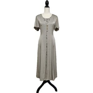 Vintage Betsy's Things Silver Floral Corset Back Button Front Midi Dress Size 8